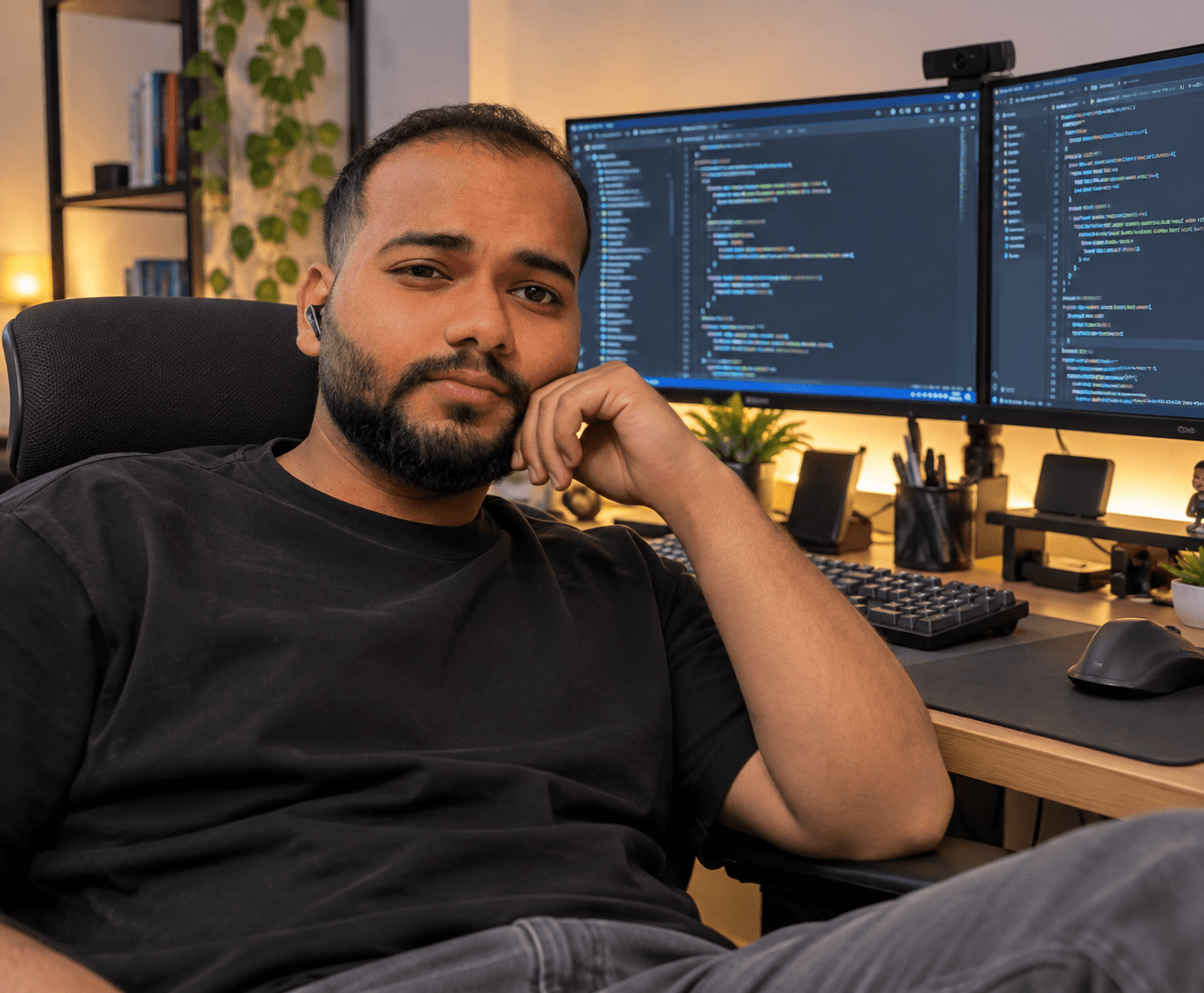 Happy developer carrying a laptop on a lime-green background