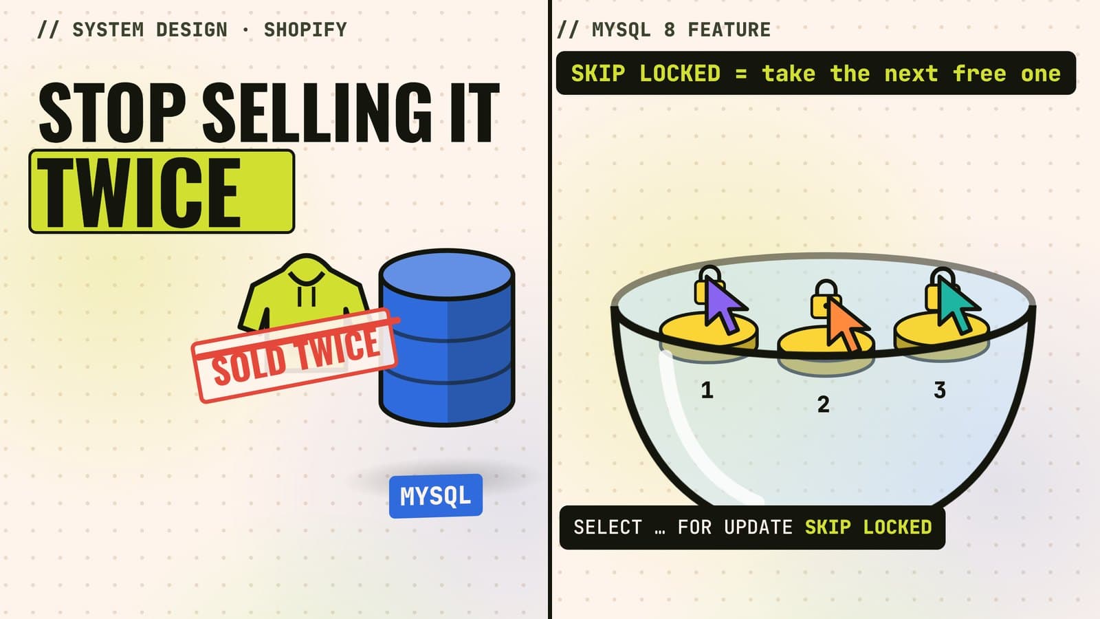 Two scenes from the 3D explainer: a hoodie stamped 'sold twice' next to a MySQL database, and three buyers each locking a different token in a glass bowl, labelled SKIP LOCKED, take the next free one.