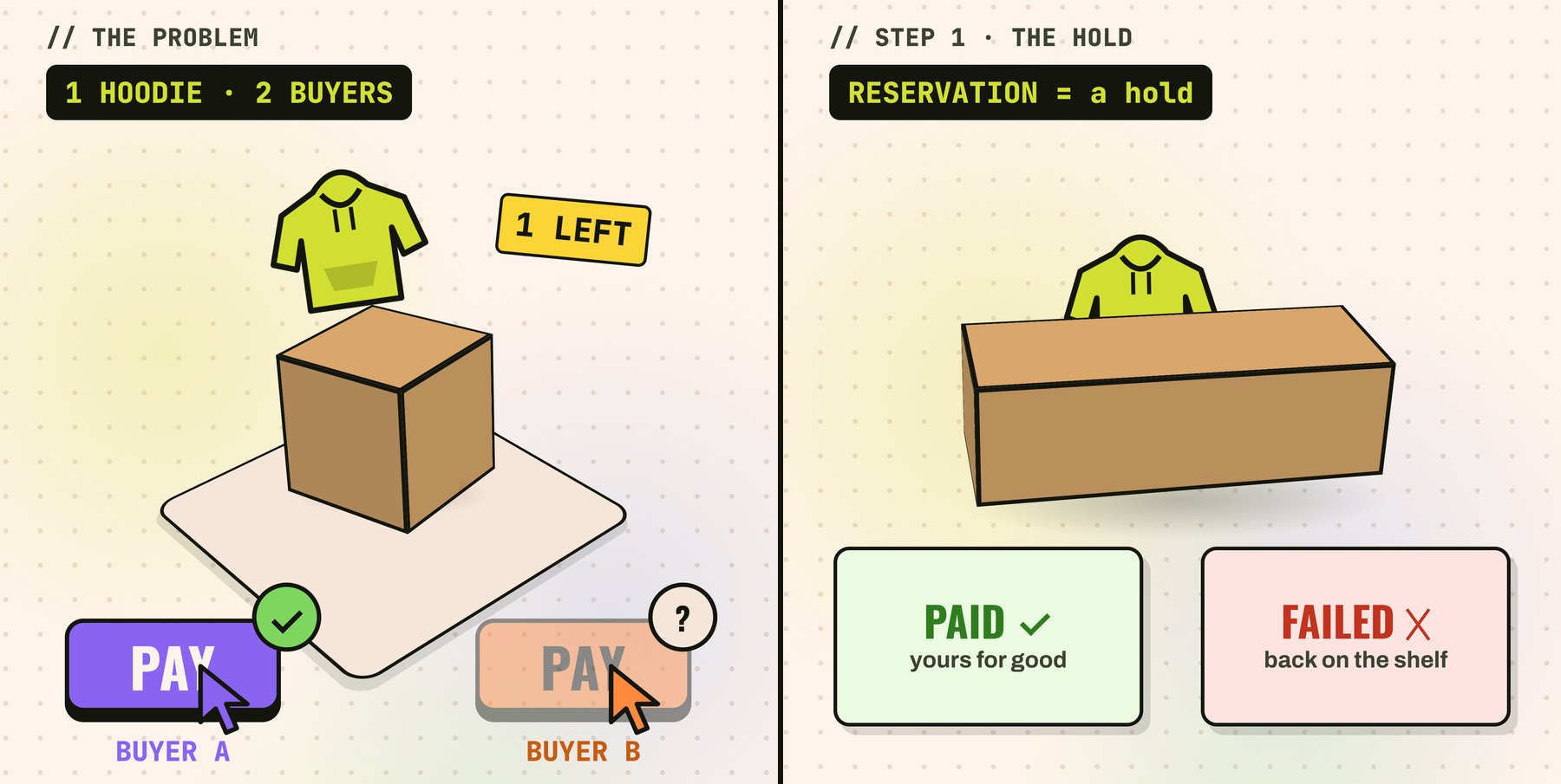 Two 3D scenes from the reel. Left: one hoodie on a box with a '1 left' tag and two buyers, A and B, pressing Pay at the same time; A gets a green check. Right: the hoodie held behind a counter, with two outcomes: Paid, yours for good, or Failed, back on the shelf.