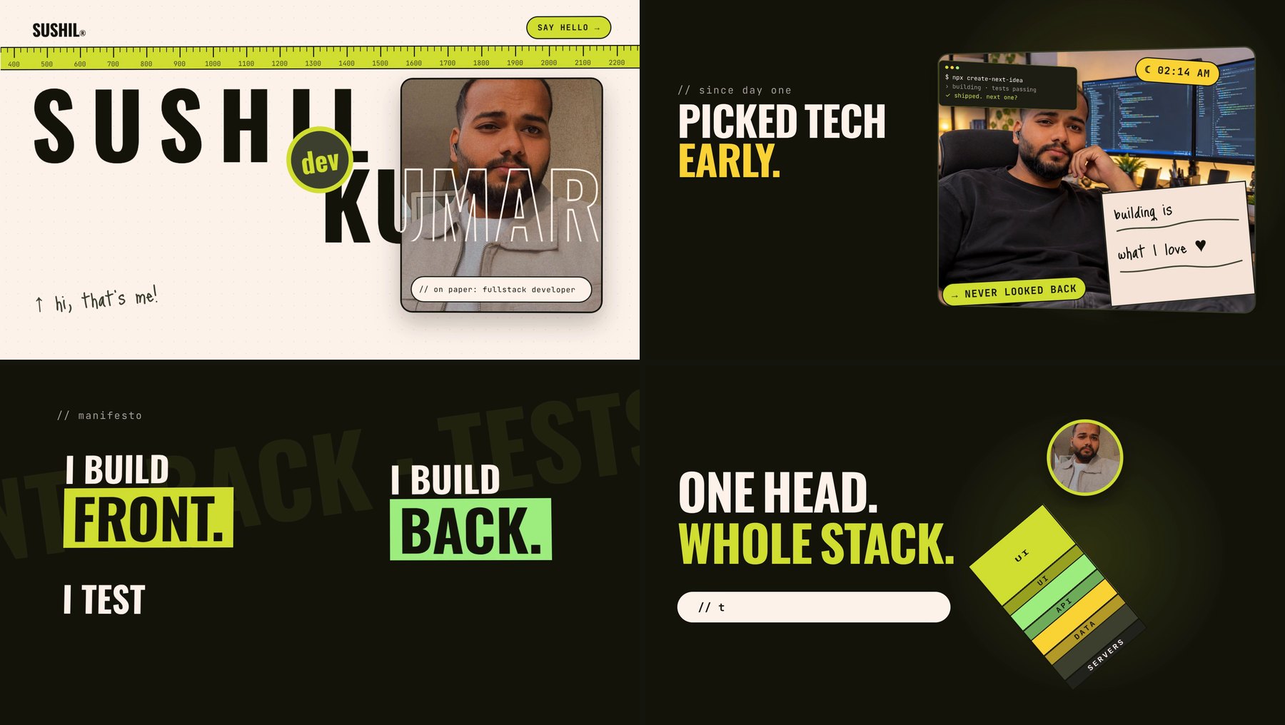 Four frames from the 16:9 version of the intro video: the name scene with the portrait and the dev badge, a sketch of an app labelled idea.sketch, 'Picked tech early' with a photo at the desk, and the manifesto lines I build front, I build back.
