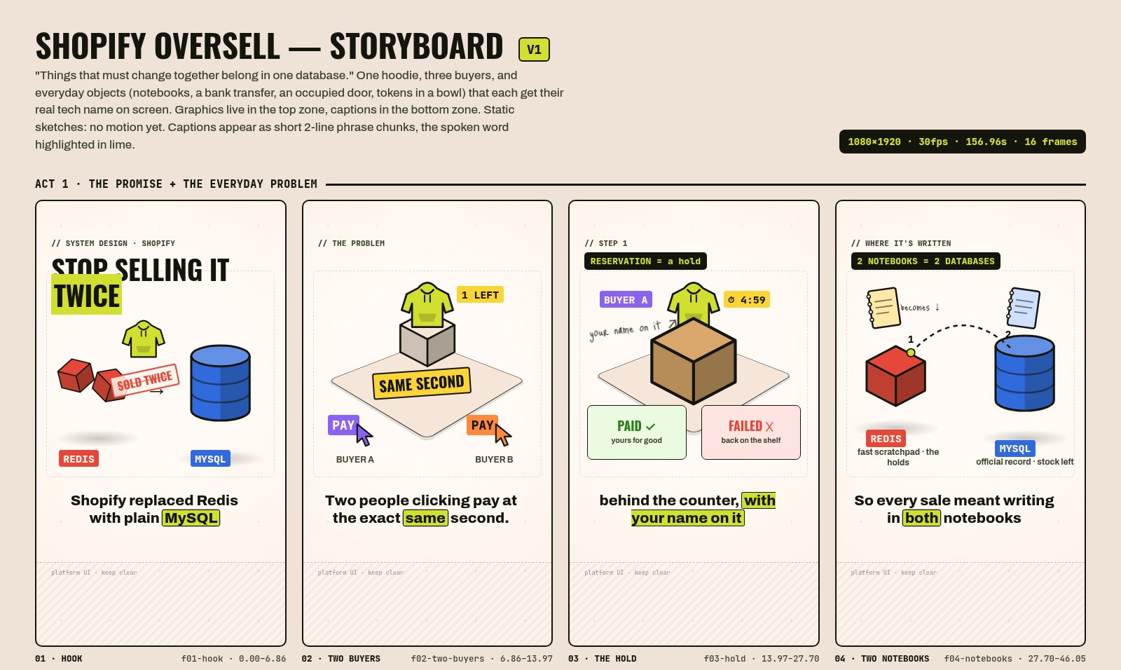 The first act of the Shopify storyboard: four 9:16 sketches. 01 Hook, Stop selling it twice with a Redis cube and a MySQL cylinder. 02 Two buyers pressing Pay at the same second. 03 The hold behind the counter with Paid and Failed outcomes. 04 Two notebooks becoming Redis and MySQL. Each sketch has its caption and timing.