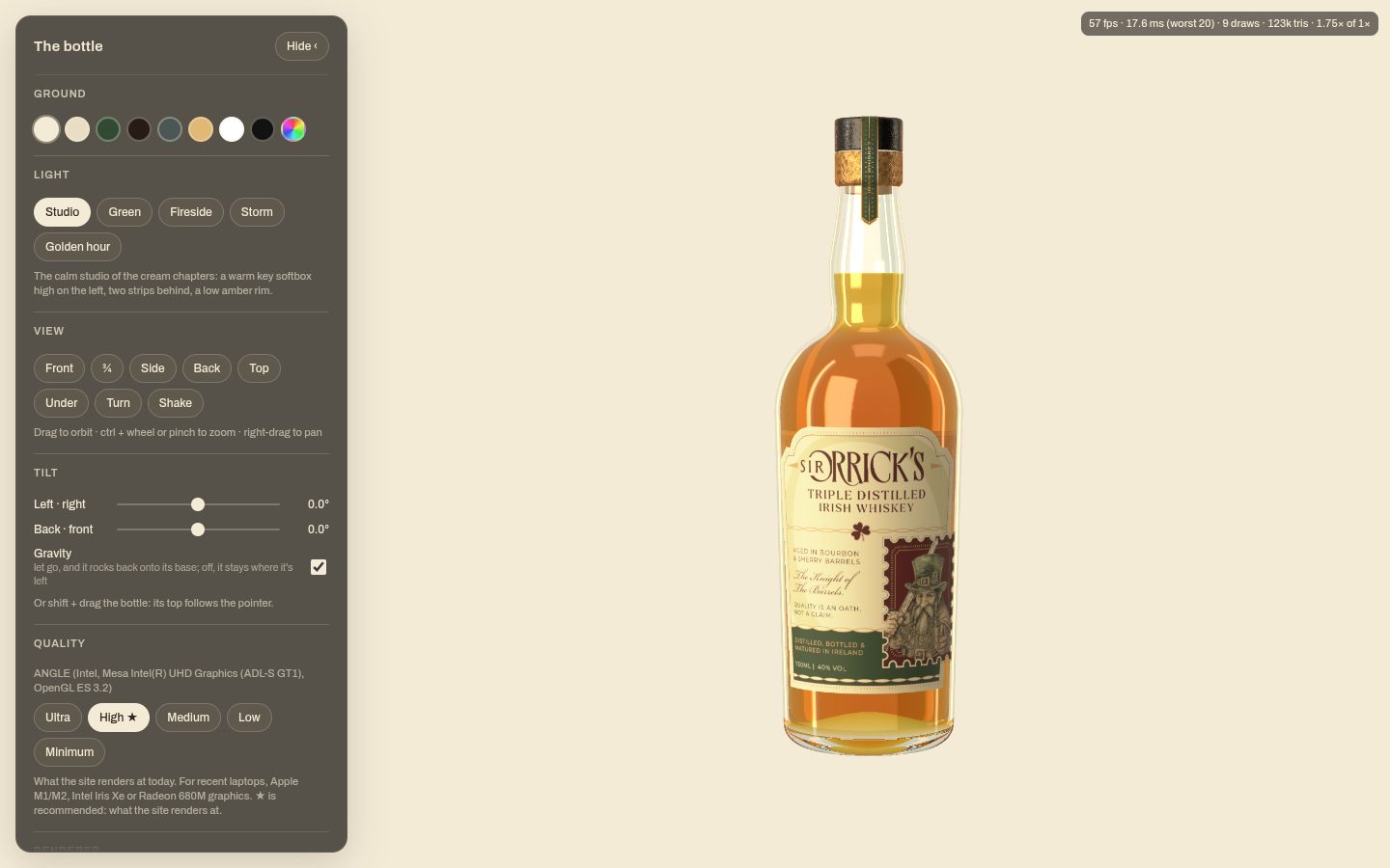 The /bottle page: the bottle on its own beside a settings card with ground, light, view, tilt and quality controls.